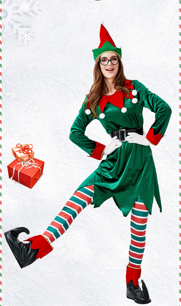 Adult women's Christmas elf dress set, Christmas and Halloween party stage costume