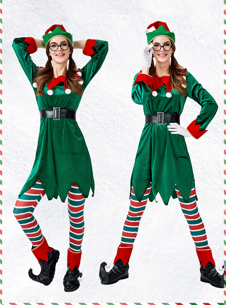 Adult women's Christmas elf dress set, Christmas and Halloween party stage costume