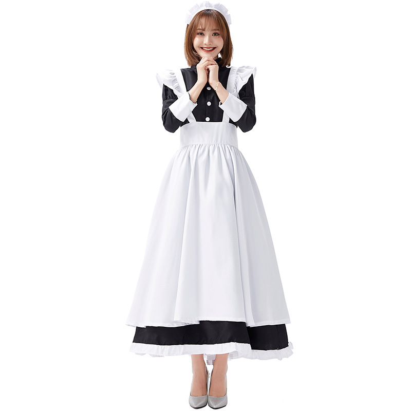 Castle maid outfit, white and black maid dress, old castle long skirt, cafe waitress, black and white stage performance