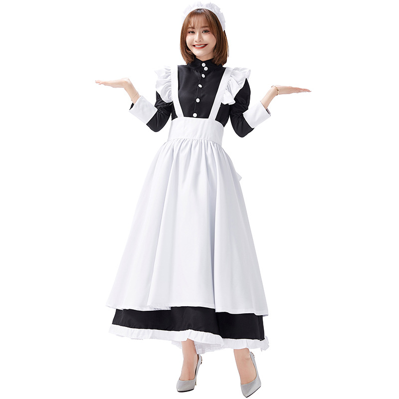 Castle maid outfit, white and black maid dress, old castle long skirt, cafe waitress, black and white stage performance