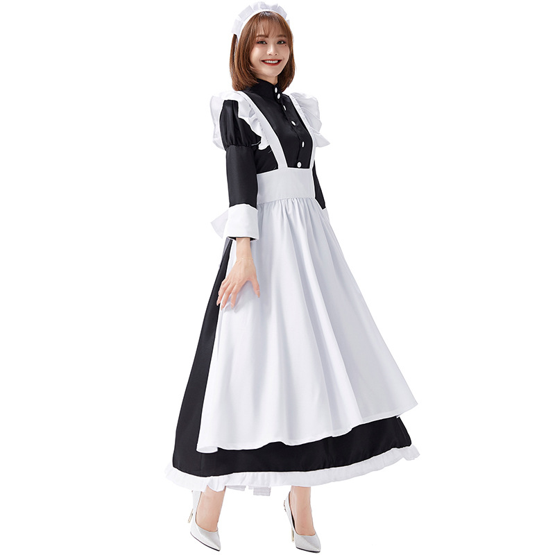 Castle maid outfit, white and black maid dress, old castle long skirt, cafe waitress, black and white stage performance