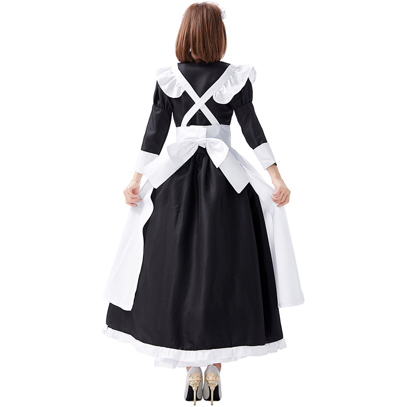 Castle maid outfit, white and black maid dress, old castle long skirt, cafe waitress, black and white stage performance