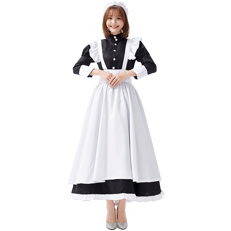 Castle maid outfit, white and black maid dress, old castle long skirt, cafe waitress, black and white stage performance