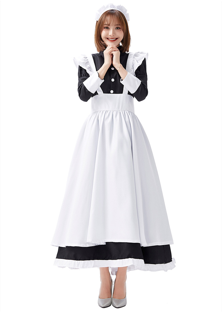 Castle maid outfit, white and black maid dress, old castle long skirt, cafe waitress, black and white stage performance