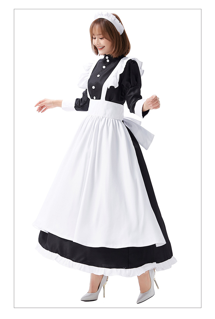 Castle maid outfit, white and black maid dress, old castle long skirt, cafe waitress, black and white stage performance