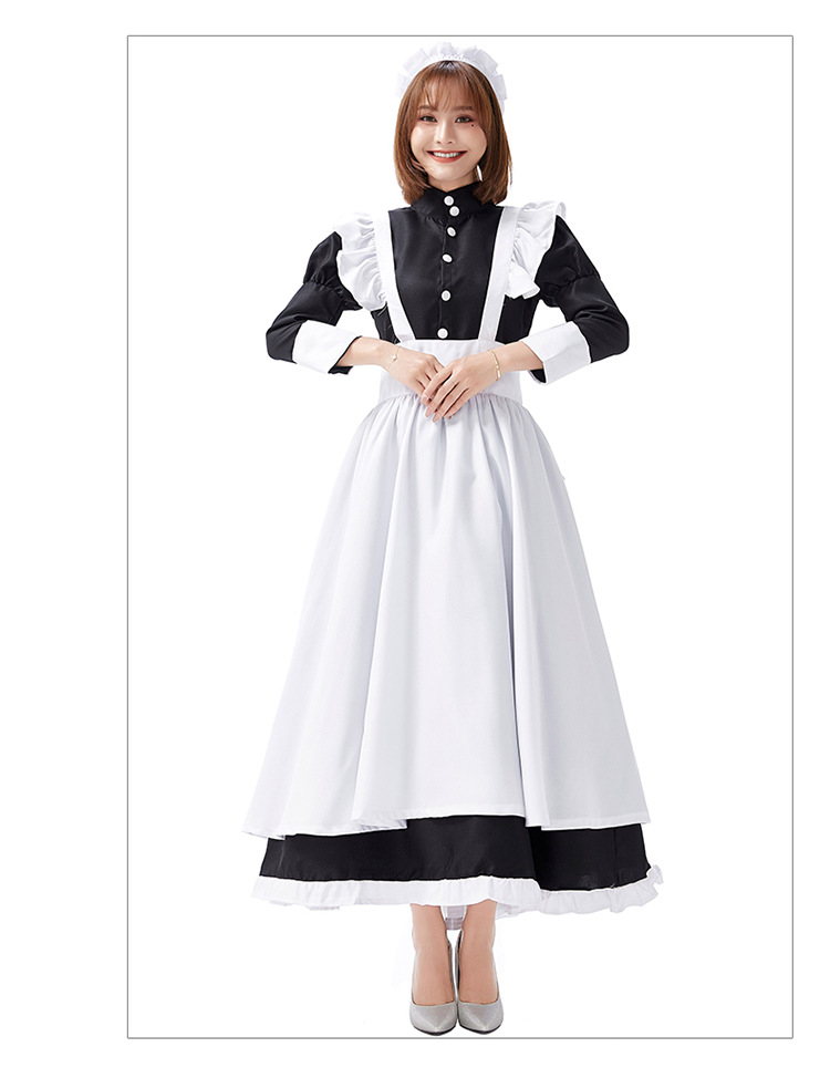 Castle maid outfit, white and black maid dress, old castle long skirt, cafe waitress, black and white stage performance