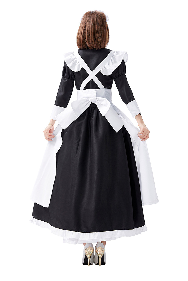 Castle maid outfit, white and black maid dress, old castle long skirt, cafe waitress, black and white stage performance