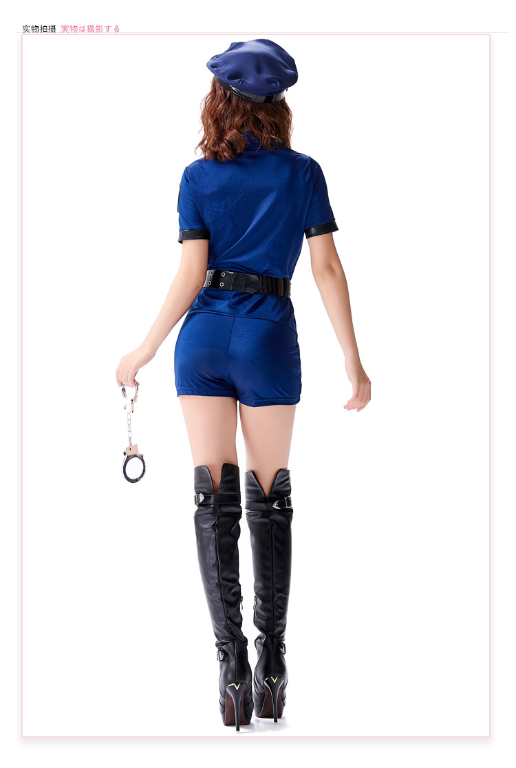 Halloween adult costume cosplay party outfit: blue tight-fitting policewoman mini skirt with safety shorts underneath