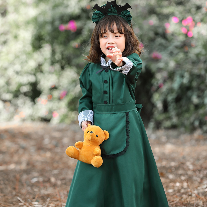 Children's European-style long-sleeved retro dark green dress with lace pattern cuffs, comes with a bat headband, matching parent-child outfit.