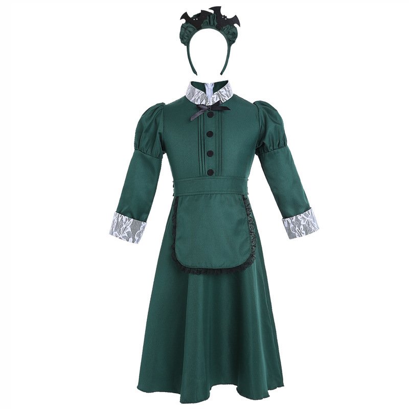 Children's European-style long-sleeved retro dark green dress with lace pattern cuffs, comes with a bat headband, matching parent-child outfit.