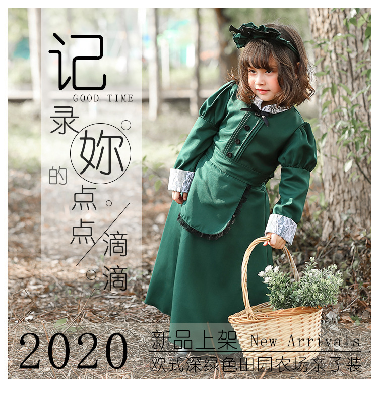 Children's European-style long-sleeved retro dark green dress with lace pattern cuffs, comes with a bat headband, matching parent-child outfit.