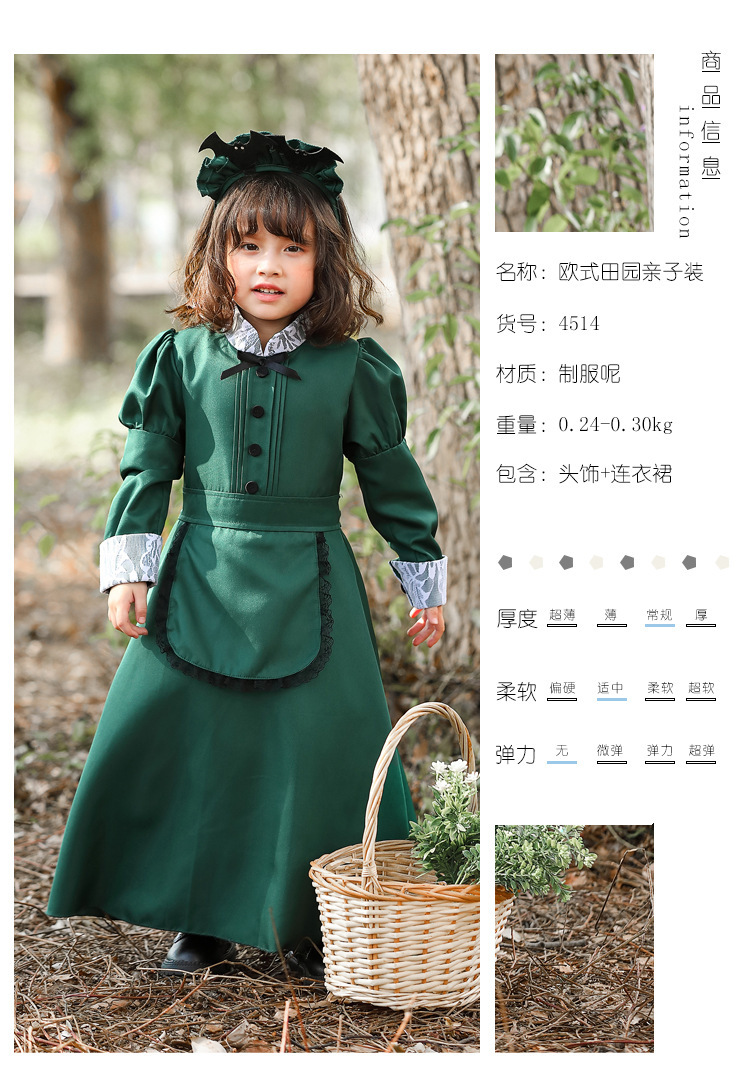 Children's European-style long-sleeved retro dark green dress with lace pattern cuffs, comes with a bat headband, matching parent-child outfit.
