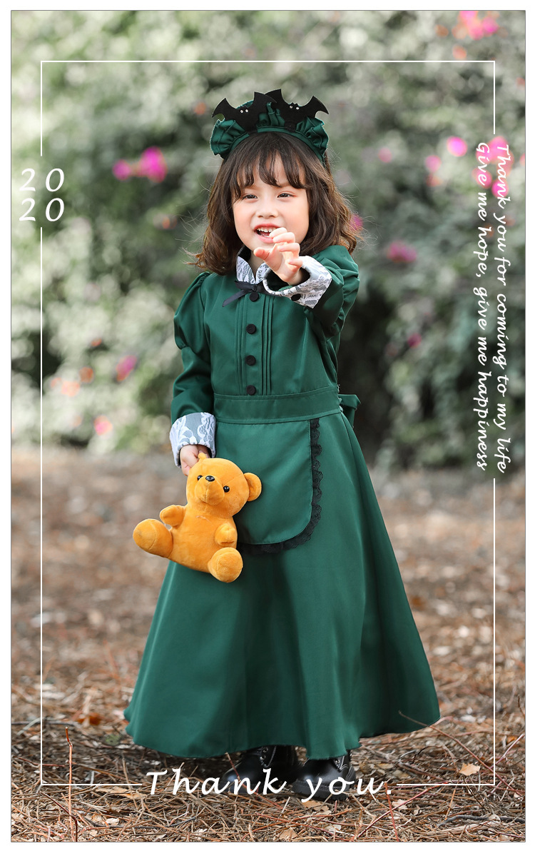 Children's European-style long-sleeved retro dark green dress with lace pattern cuffs, comes with a bat headband, matching parent-child outfit.