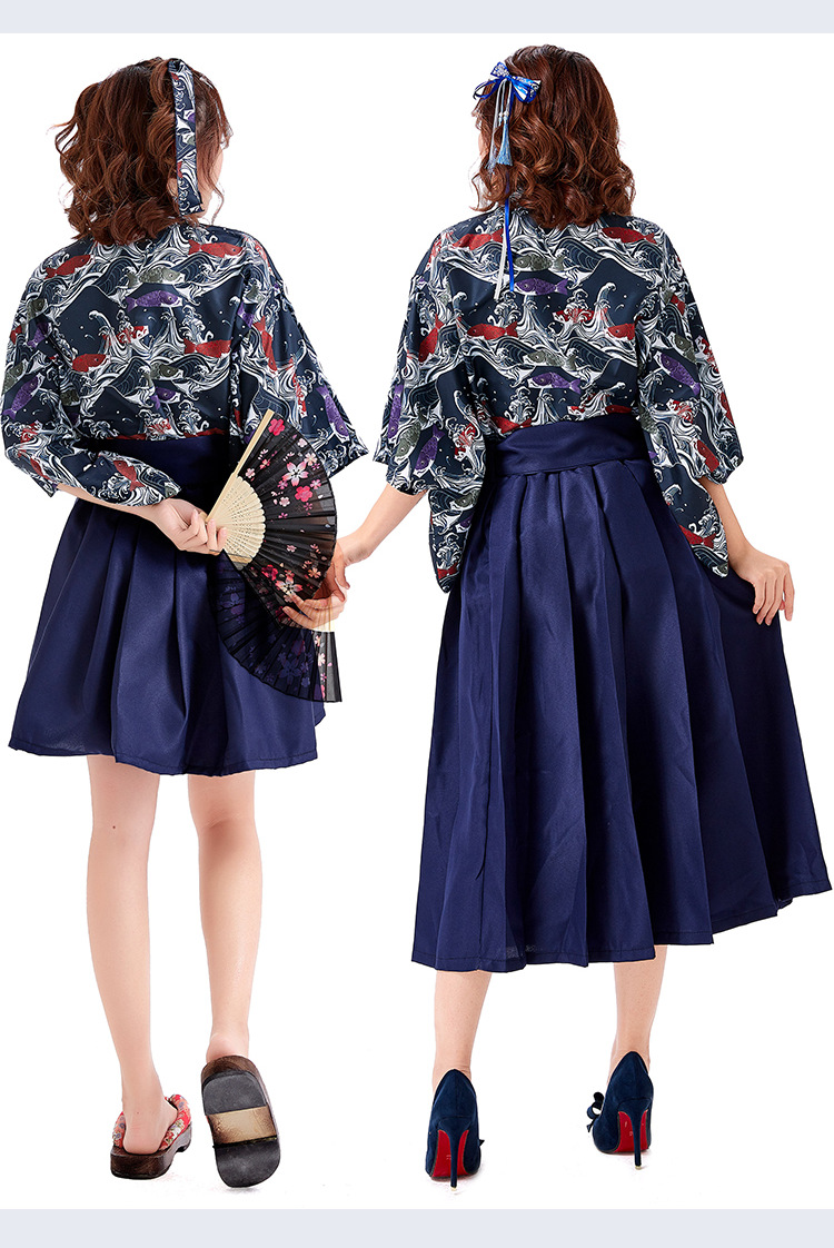 Cute and girly everyday outfit, koi streamer with digital print, modified kimono, pleated skirt, anime convention attire.