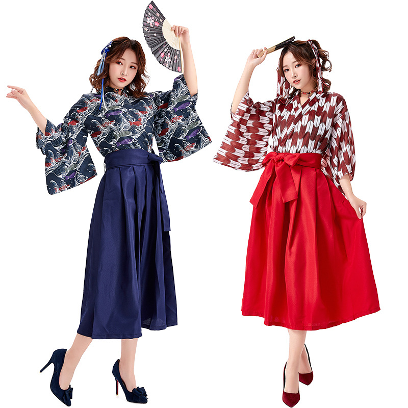 Yaba-grip/carp streamer digital print modified kimono pleated skirt long skirt everyday outfit restaurant waiter uniform