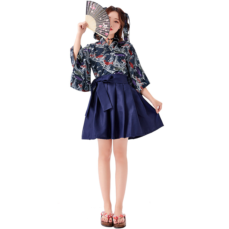 Yaba-grip/carp streamer digital print modified kimono pleated skirt long skirt everyday outfit restaurant waiter uniform