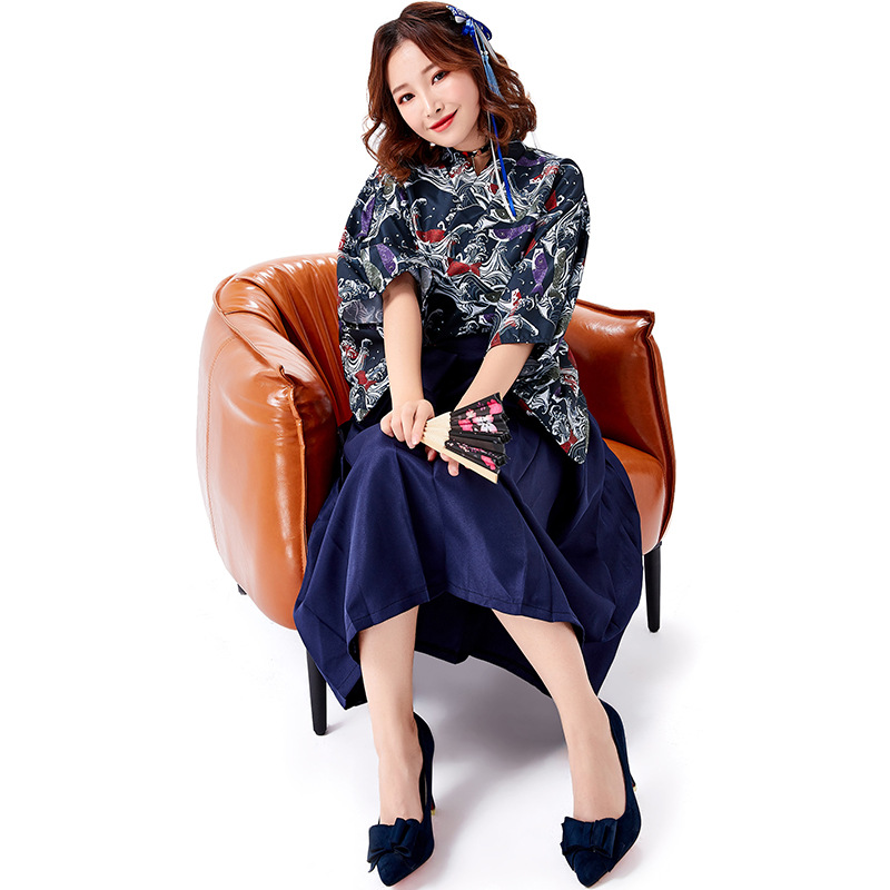 Yaba-grip/carp streamer digital print modified kimono pleated skirt long skirt everyday outfit restaurant waiter uniform