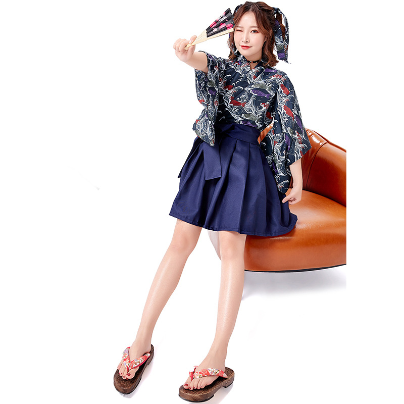 Yaba-grip/carp streamer digital print modified kimono pleated skirt long skirt everyday outfit restaurant waiter uniform