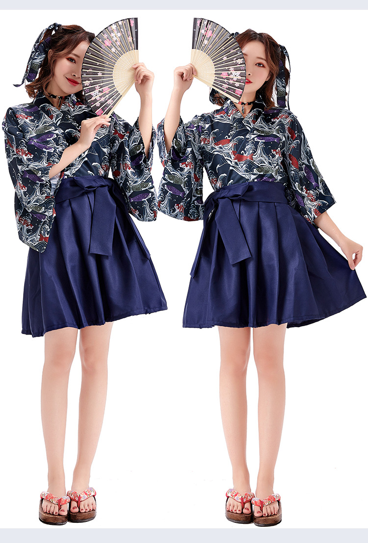 Yaba-grip/carp streamer digital print modified kimono pleated skirt long skirt everyday outfit restaurant waiter uniform
