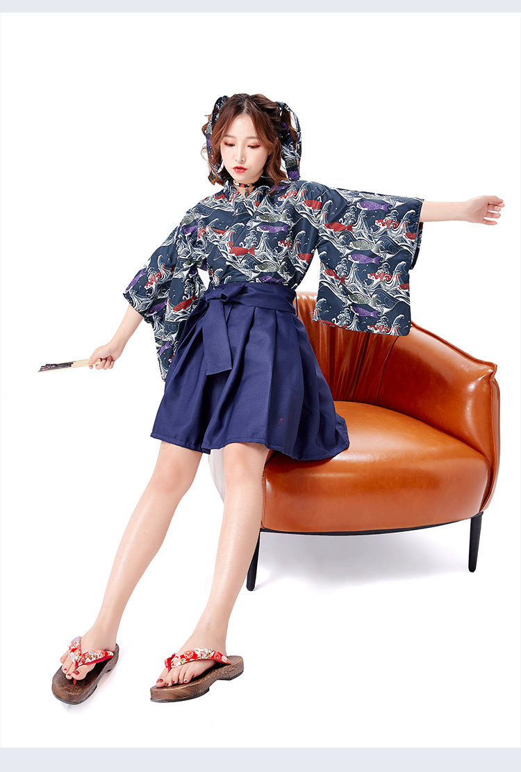 Yaba-grip/carp streamer digital print modified kimono pleated skirt long skirt everyday outfit restaurant waiter uniform