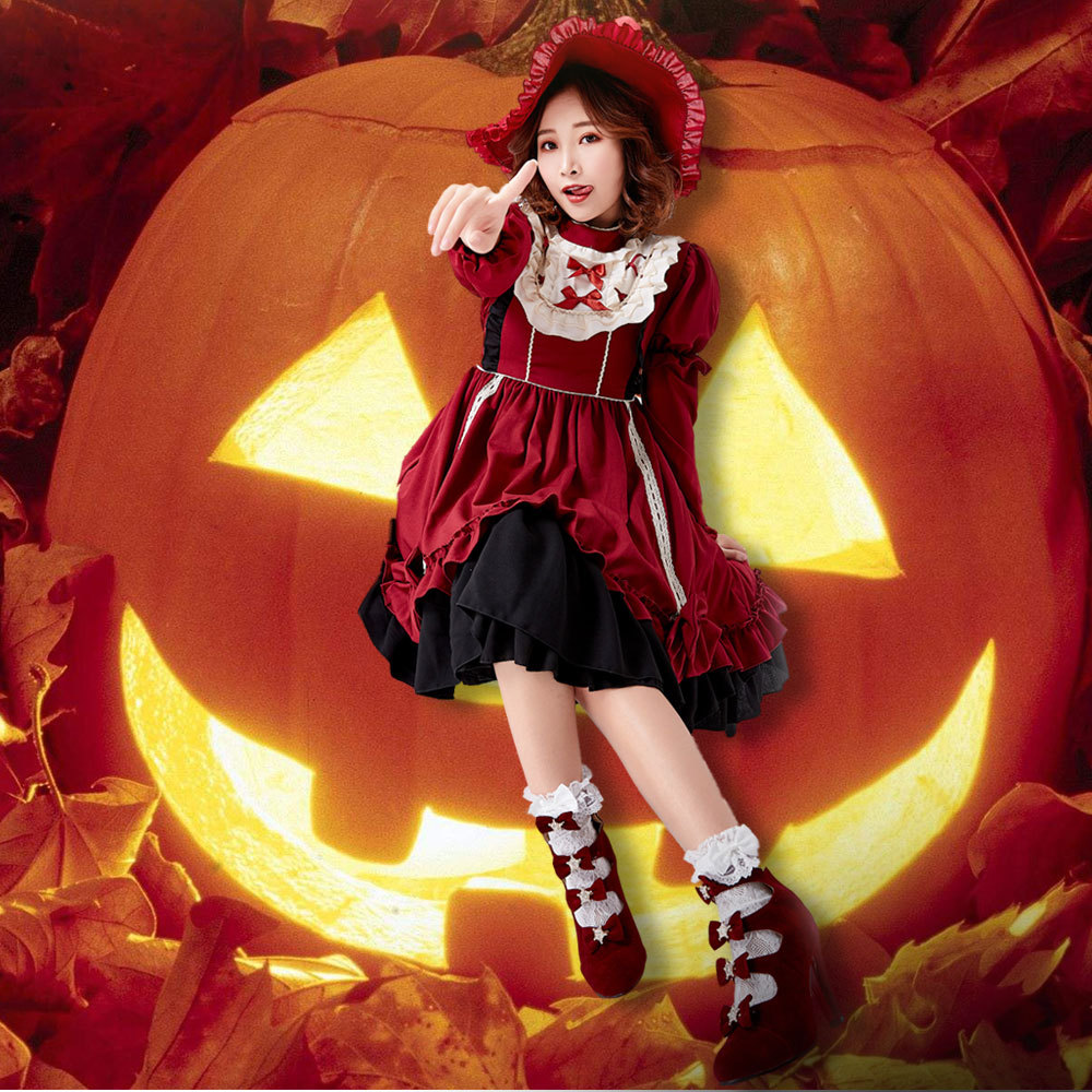 Burgundy Lolita Dress Halloween Lolita Princess Dress Cosplay Costume Detachable Sleeves Dress