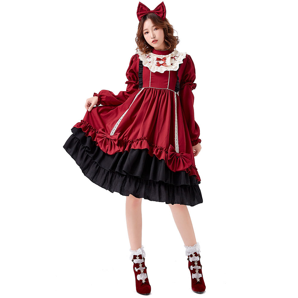 Burgundy Lolita Dress Halloween Lolita Princess Dress Cosplay Costume Detachable Sleeves Dress