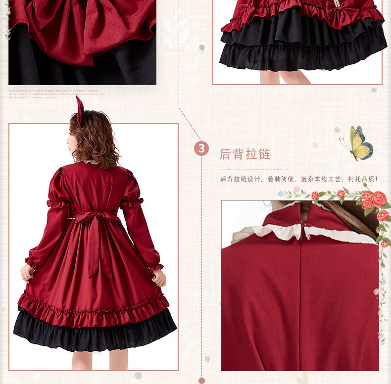 Burgundy Lolita Dress Halloween Lolita Princess Dress Cosplay Costume Detachable Sleeves Dress