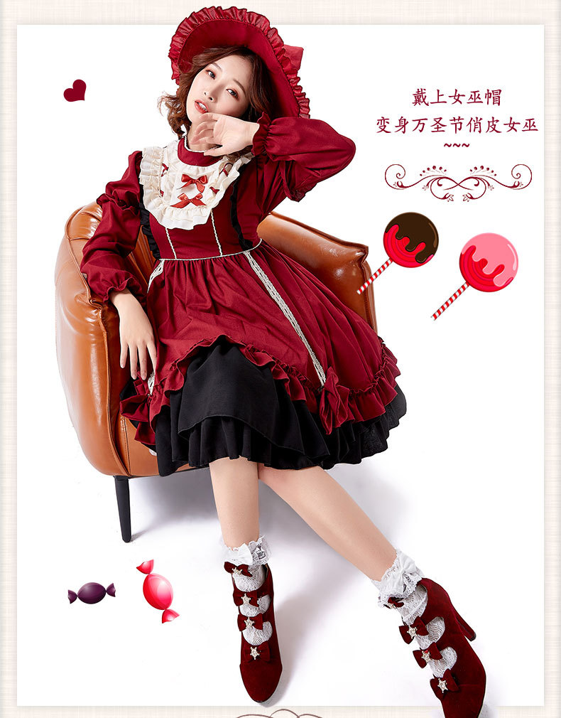 Burgundy Lolita Dress Halloween Lolita Princess Dress Cosplay Costume Detachable Sleeves Dress
