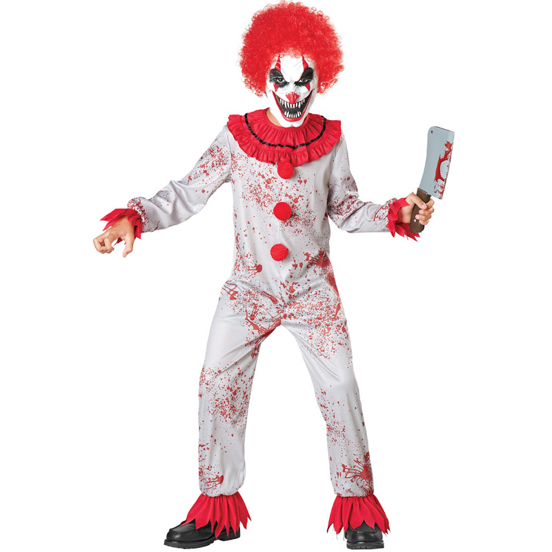 Halloween costume, evil clown mask, wig set, boy's haunted house party, horror cosplay bodysuit