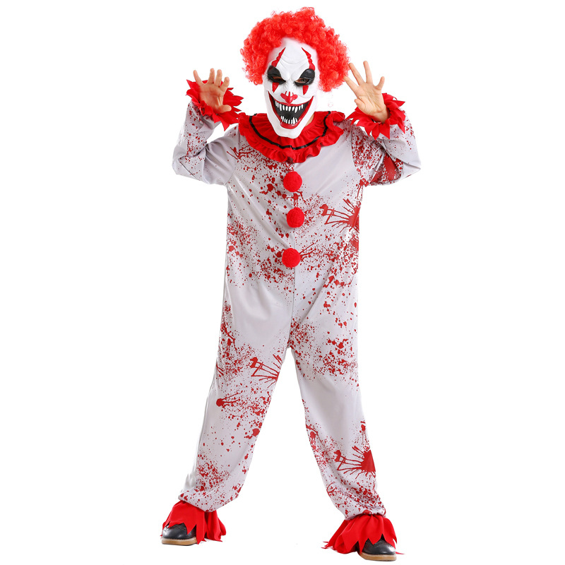 Halloween costume, evil clown mask, wig set, boy's haunted house party, horror cosplay bodysuit
