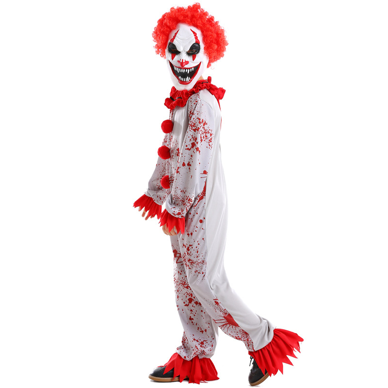 Halloween costume, evil clown mask, wig set, boy's haunted house party, horror cosplay bodysuit