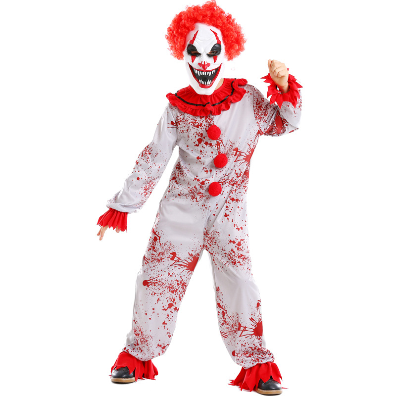 Halloween costume, evil clown mask, wig set, boy's haunted house party, horror cosplay bodysuit