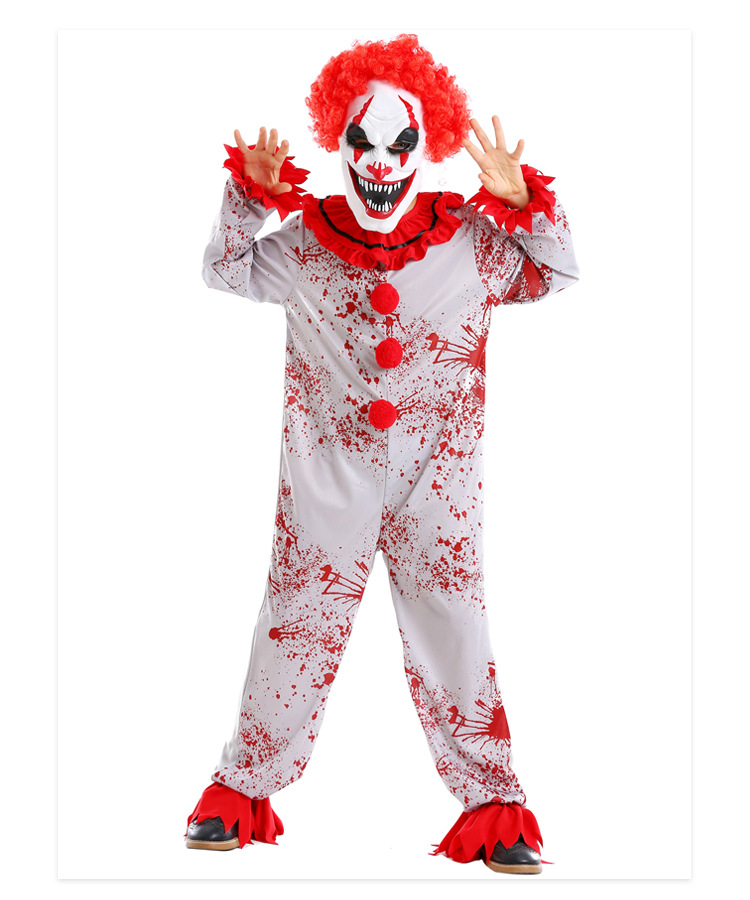 Halloween costume, evil clown mask, wig set, boy's haunted house party, horror cosplay bodysuit