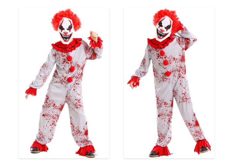 Halloween costume, evil clown mask, wig set, boy's haunted house party, horror cosplay bodysuit