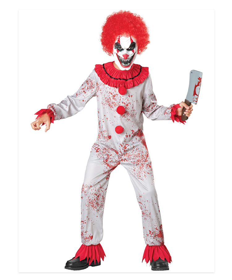 Halloween costume, evil clown mask, wig set, boy's haunted house party, horror cosplay bodysuit