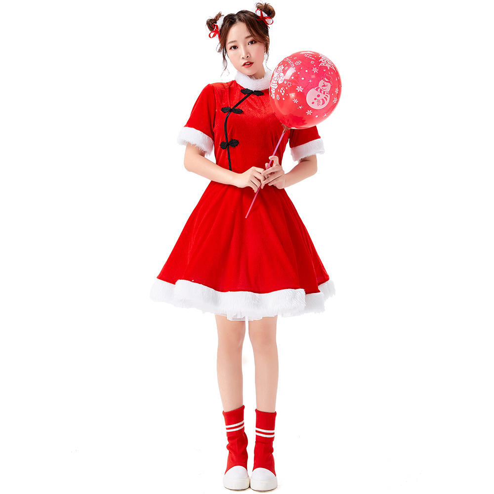Christmas costume: Retro Republic of China style red festive dress with shawl; New Year's Day performance costume.