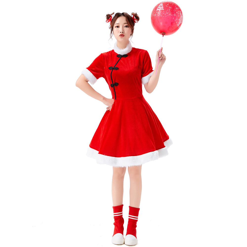Christmas costume: Retro Republic of China style red festive dress with shawl; New Year's Day performance costume.