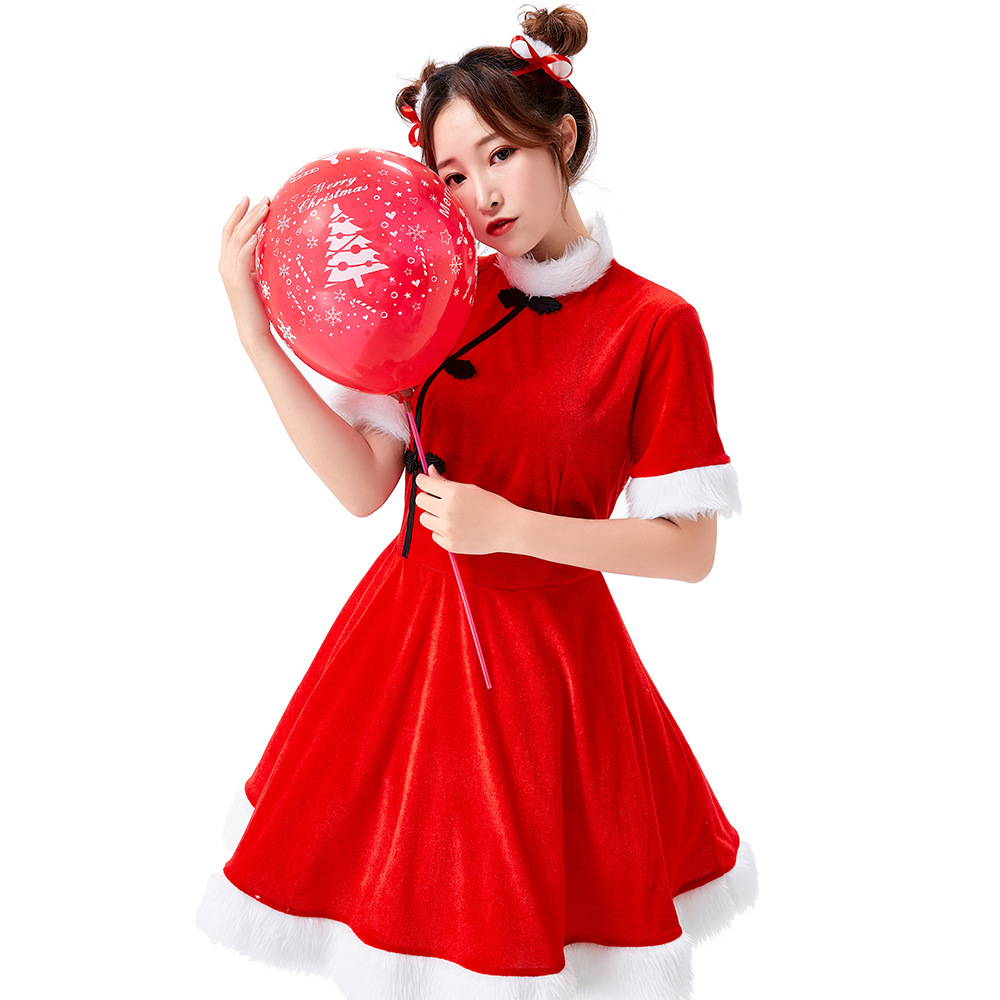 Christmas costume: Retro Republic of China style red festive dress with shawl; New Year's Day performance costume.