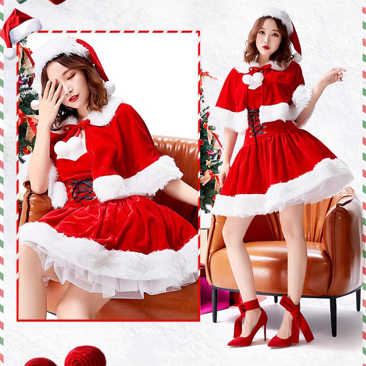 Christmas costumes, Japanese party outfits, strapless Christmas girl dress, puffy mini skirt