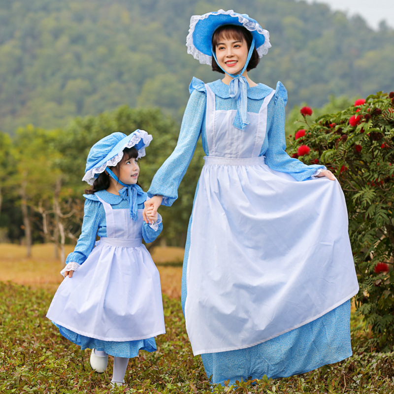 French country style light blue maid dress, perfect for spring outings, park photoshoots, and family stage performances.