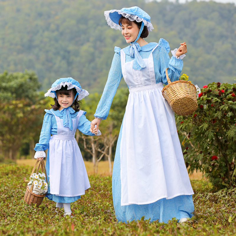 French country style light blue maid dress, perfect for spring outings, park photoshoots, and family stage performances.