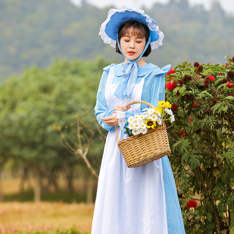 French country style light blue maid dress, perfect for spring outings, park photoshoots, and family stage performances.