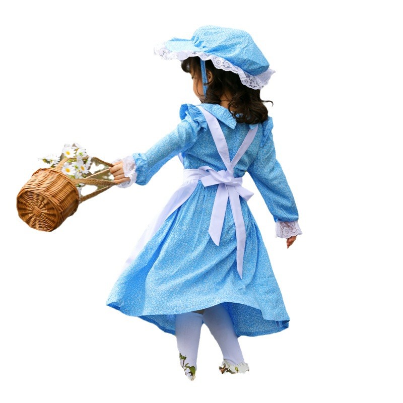 French country style light blue maid dress, perfect for spring outings, park photoshoots, and family stage performances.