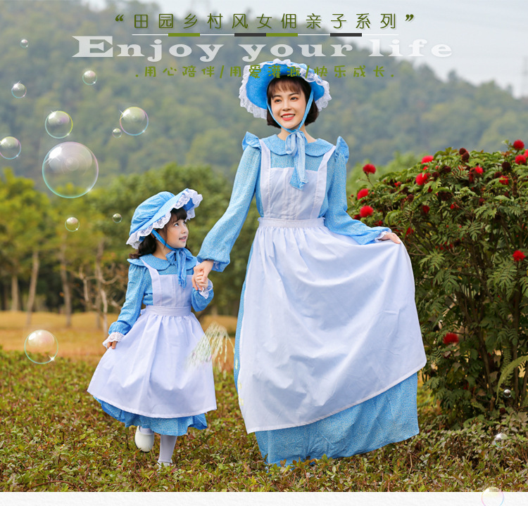 French country style light blue maid dress, perfect for spring outings, park photoshoots, and family stage performances.