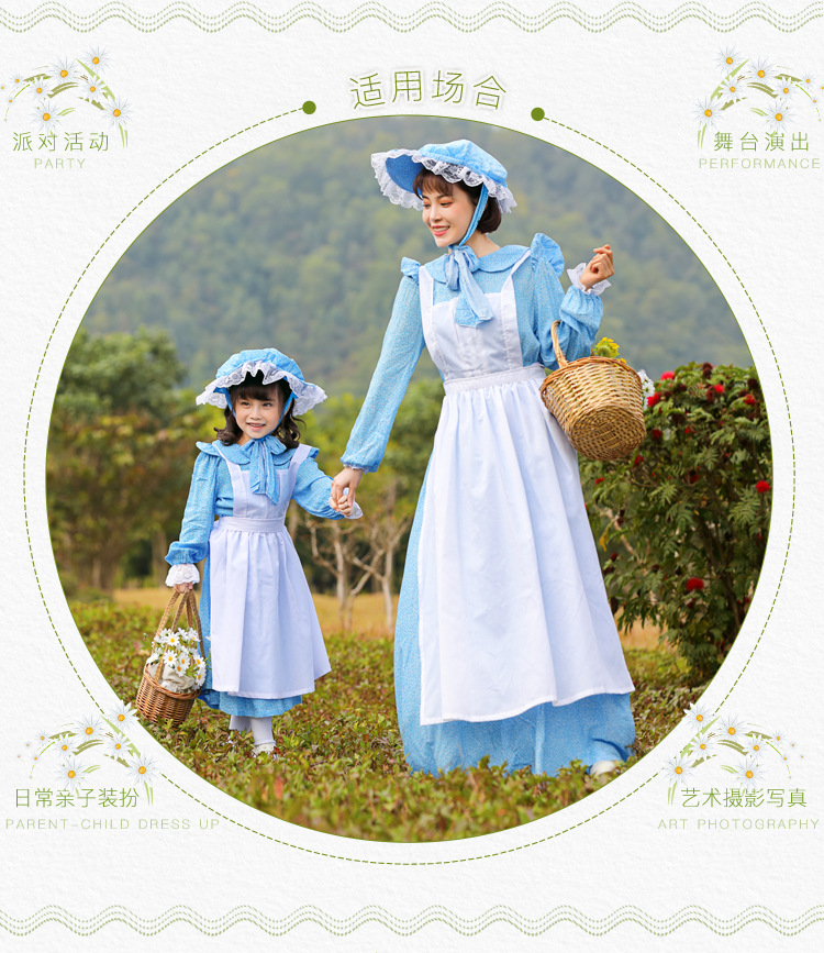 French country style light blue maid dress, perfect for spring outings, park photoshoots, and family stage performances.