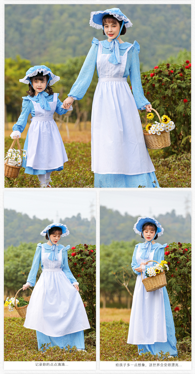 French country style light blue maid dress, perfect for spring outings, park photoshoots, and family stage performances.