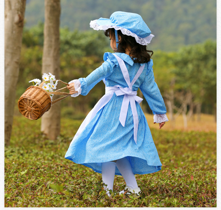 French country style light blue maid dress, perfect for spring outings, park photoshoots, and family stage performances.