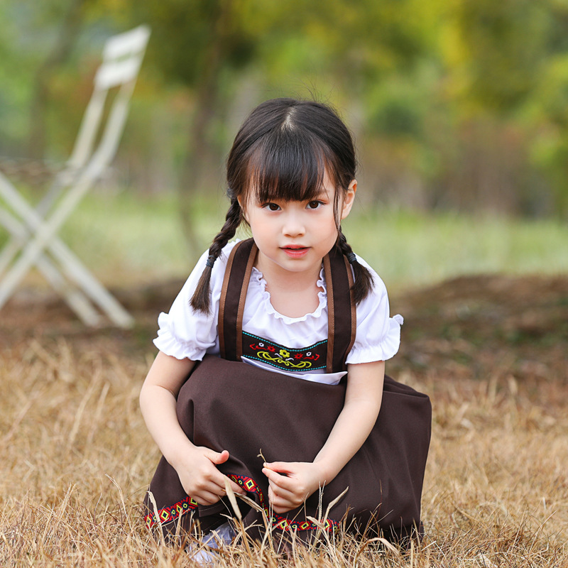 Baghlian traditional national costume children's cosplay beer-themed patterned embroidered coffee-colored suspender long dress