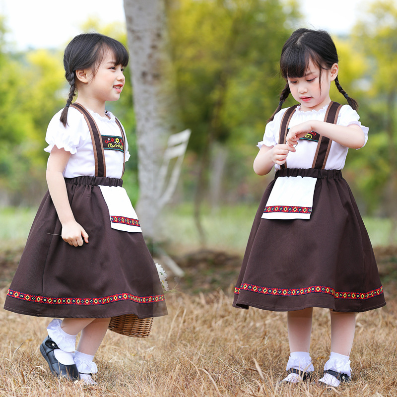 Baghlian traditional national costume children's cosplay beer-themed patterned embroidered coffee-colored suspender long dress