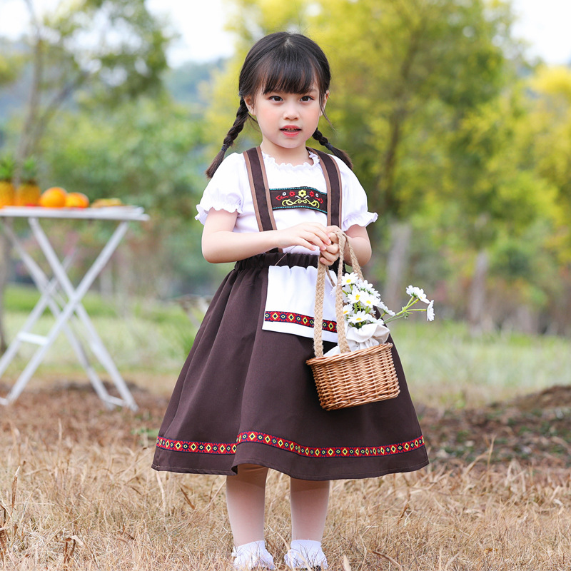 Baghlian traditional national costume children's cosplay beer-themed patterned embroidered coffee-colored suspender long dress